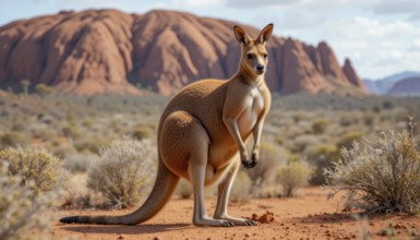 A majestic kangaroo stands proudly in the arid Australian outback, with a stunning red rock