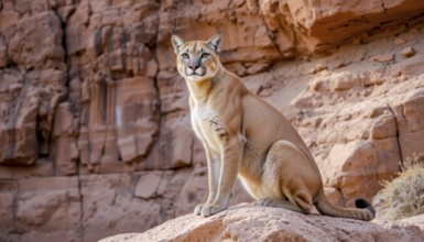 A stunning cougar (Puma concolor) sits regally on a rock, its gaze fixed, set against the backdrop