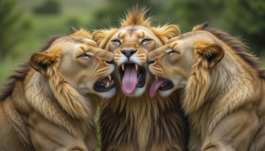 A captivating image captures three lions in a moment of playful interaction, with one lion yawning