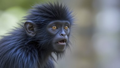 A close-up portrait showcases a Black-headed Spider Monkey (Ateles fusciceps robustus) with