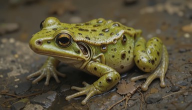 This detailed shot captures a green Edible Frog's (Rana esculenta) intricate features, highlighting