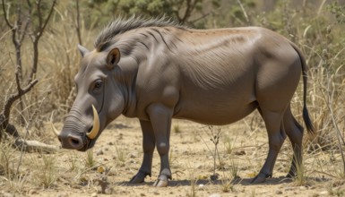 A side view of a warthog (Phacochoerus aethiopicus) standing in a dry, grassy environment,