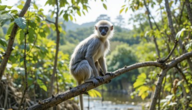 A beautiful langur monkey sits on a tree branch, surrounded by lush green foliage, with a serene