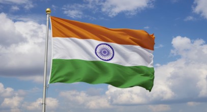 The Indian flag, a symbol of national pride, billows in the wind, showcasing its vibrant colors