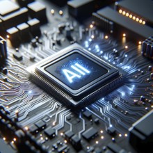 A close-up of an AI microchip with neon blue lighting on a detailed circuit board, AI generated