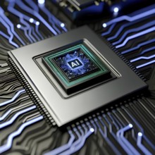 AI processor chip on a circuit boardAI, microchip, neon, blue lights, circuitry, close-up,