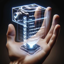 Hand displaying a 3D hologram of a camera and a digital checklist, symbolizing photography