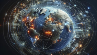 Digitally enhanced Earth with glowing network connections illustrating worldwide data sharing, AI