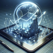 Digital tablet projecting a 3D holographic cityscape with global connectivity and data charts, AI
