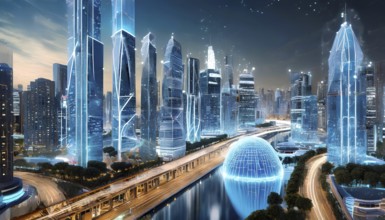 A cityscape with a blue dome in the middle. The dome is surrounded by buildings and a river. The