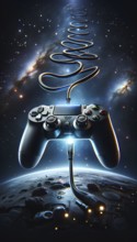A video game controller is shown in space with a cable coming out of it. The image is a creative