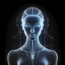 A digital wireframe of a futuristic female robot, showcasing advanced technology, artificial