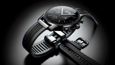 A watch with a black band and a black face. The watch is showing the time as 10:10, AI generated