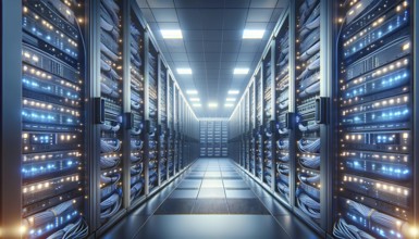 A large room with many computer servers. The room is lit up with blue lights. The servers are
