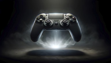 A black Playstation controller is suspended in midair. The controller is surrounded by a dark