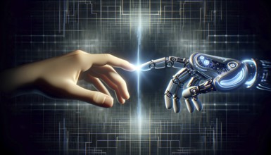 A robot hand is touching a human hand. Concept of human-robot interaction and the potential for