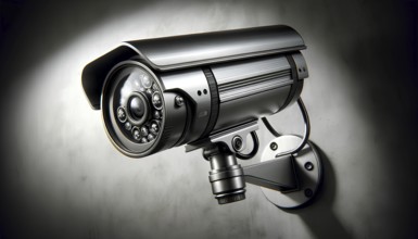 A camera is mounted on a wall. The camera is black and silver, AI generated