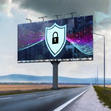 A billboard with a blue shield and a key on it. The billboard is on a road with a clear blue sky in