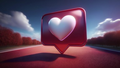 A 3D rendering of a social media like icon featuring a heart symbol, set against a vibrant,