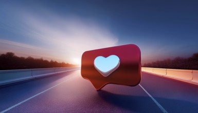 A 3D rendering of a social media notification icon featuring a heart symbol, set on a futuristic