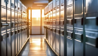 A long hallway with many filing cabinets. The sun is shining through the windows, casting a warm