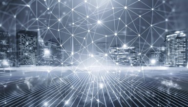A cityscape with a network of lines connecting the buildings. Concept of connectivity and