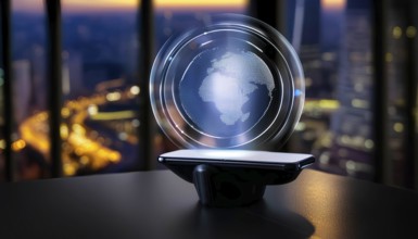 A phone is on a table with a globe on it. The globe is glowing and the phone is showing a picture