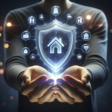 Close-up of hands cupping a digital hologram of a shield with a house icon, symbolizing home