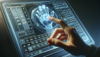 A person's hand engaging with a sophisticated holographic handprint scanner on a futuristic digital