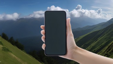 A person is holding a cell phone in a beautiful mountain landscape. The phone is black and the