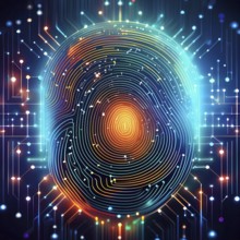 A colorful image of a fingerprint with a blue background. The image is abstract and has a