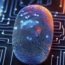 A finger print is shown on a circuit board. The finger print is in the center of the image and is