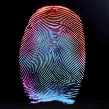 A colorful fingerprint with a blue stripe in the middle. The image is abstract and has a futuristic