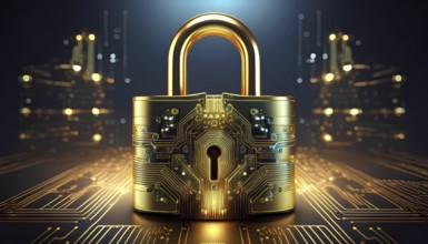 A high-tech golden padlock with intricate electronic circuits, symbolizing advanced cybersecurity