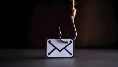 A picture of an email with a hook on it. The hook is attached to the envelope, and the envelope is