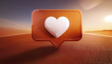 A 3D rendering of a social media notification icon with a heart symbol, placed in a sunset
