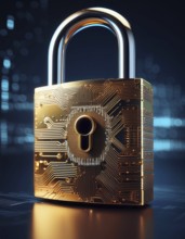 Closed golden padlock with electronic microchip and printed circuit board securing digital data, AI