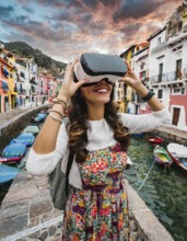 A woman wearing a colorful dress is holding a virtual reality headset. She is smiling and she is