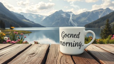 Good morning text greeting on a cup of coffee with smoke on wood table, AI generated