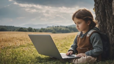 Girl fields using his laptop computer. She is adapting to the computer age. AI generated image, ai