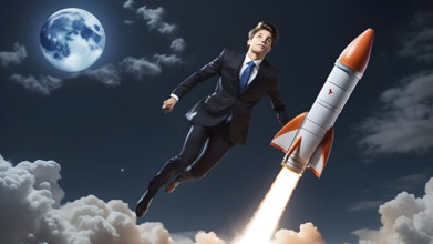 Launch project. Business concept. Man and flying rocket as business concept. AI generated image, ai