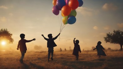Group of children Silhouette, holding balloons, AI generated
