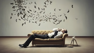 A metaphorical image of a contemplating lonely man. Young man thinking about things in life. AI