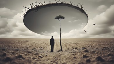 A metaphorical image of a contemplating lonely man. Young man thinking about things in life. AI