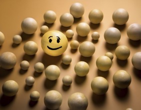 Wooden balls feature faces, one smiling among sad expressions, representing positivity or