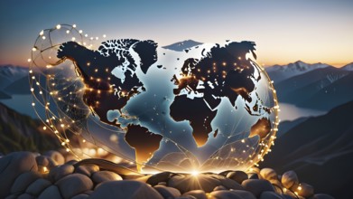 Continent world map. Outline World Map Background. Global network connection, AI generated