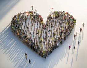 A diverse crowd of people standing together to form a heart shape, symbolizing community,