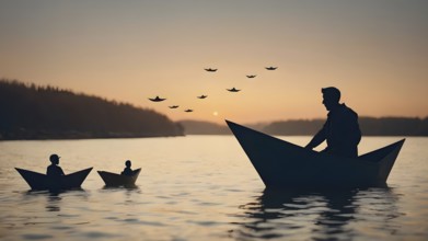 Man is sailing on paper boat in water, AI generated