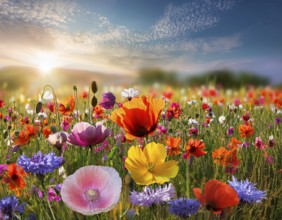 Colorful poppies field in a hot spring day. Nice colorful poppy field in spring, AI generated
