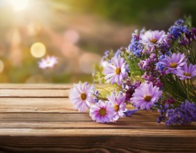 Beautiful blurred spring background nature with blooming flowers behind wooden planks, AI generated
